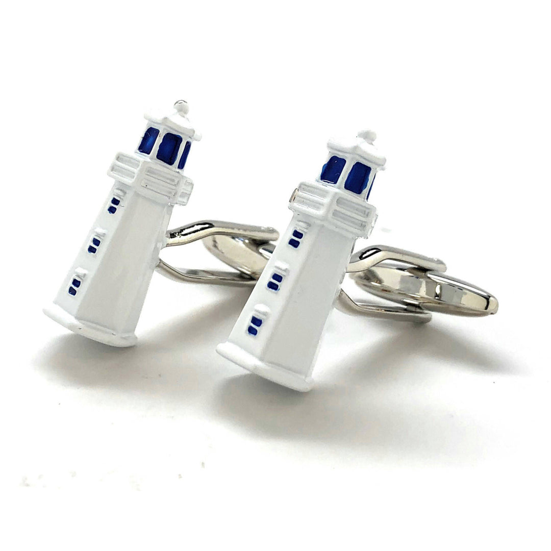 Lighthouse Cufflinks White Enamel 3D Details Safety Light Ocean Sea Boats Captain Cuff Links Comes with Gift Box Image 4