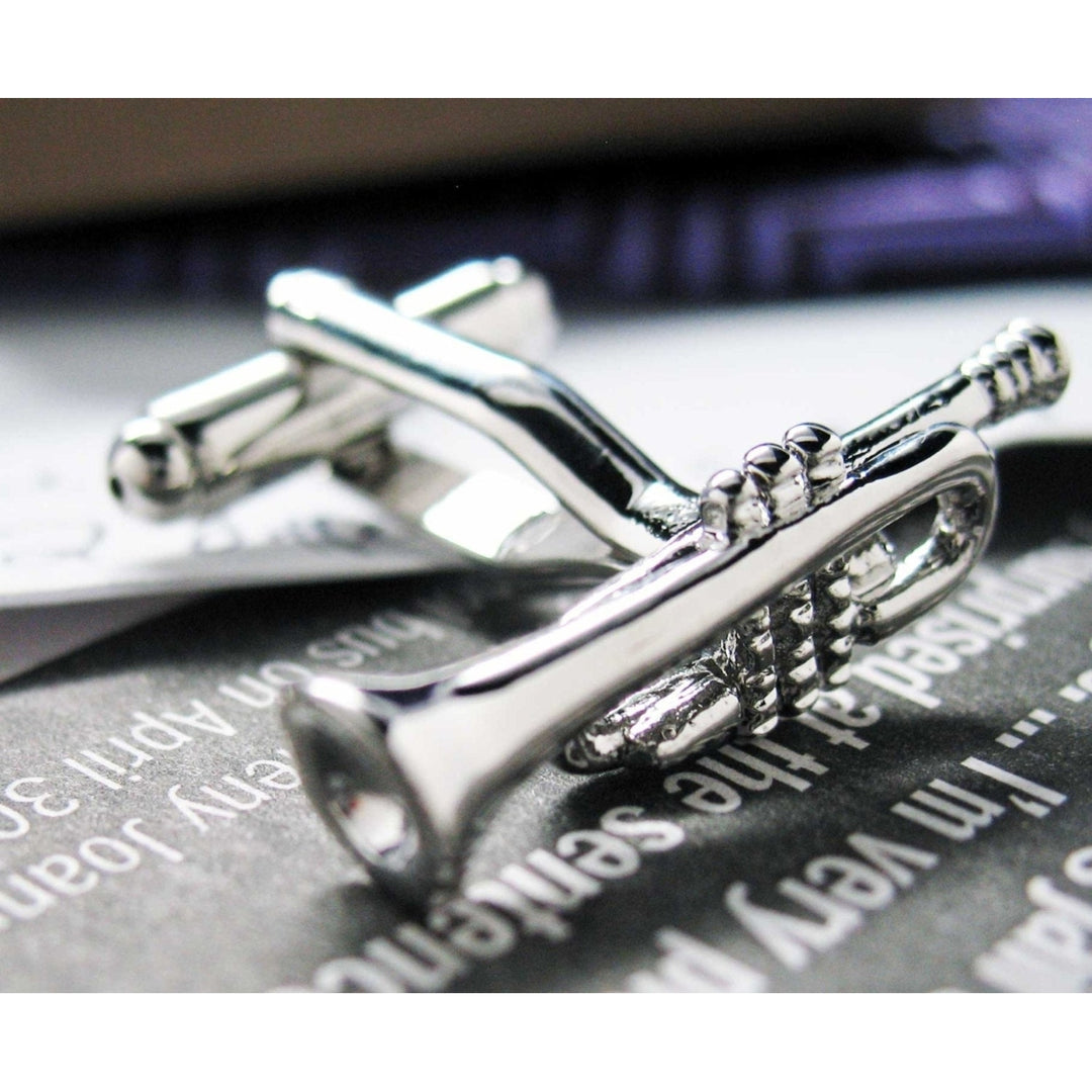 Silver Trumpet Cufflinks Band Fans Trumpet Music Players Conductors Silver Toned Cuff Links Image 1
