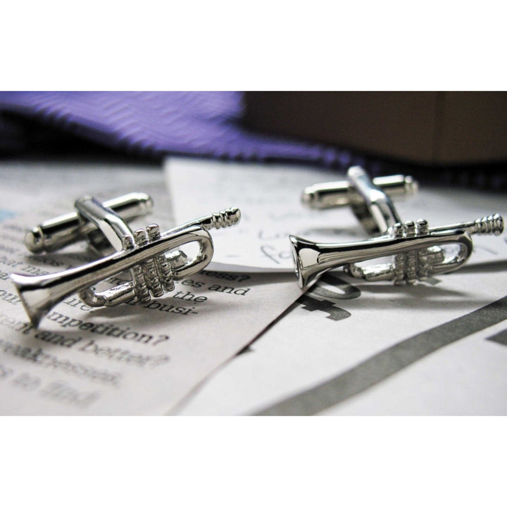 Silver Trumpet Cufflinks Band Fans Trumpet Music Players Conductors Silver Toned Cuff Links Image 2