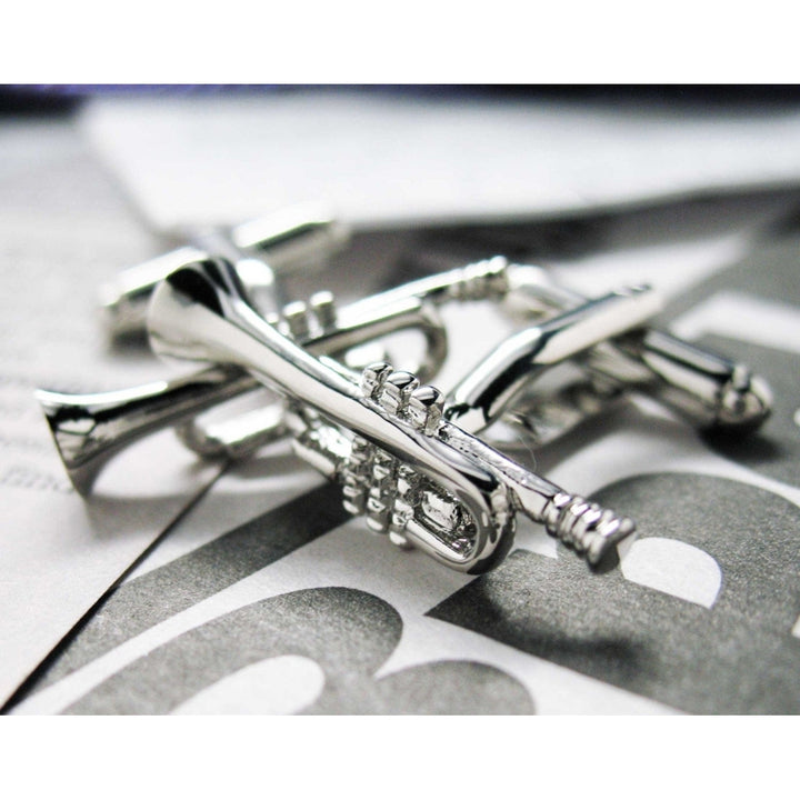 Silver Trumpet Cufflinks Band Fans Trumpet Music Players Conductors Silver Toned Cuff Links Image 3