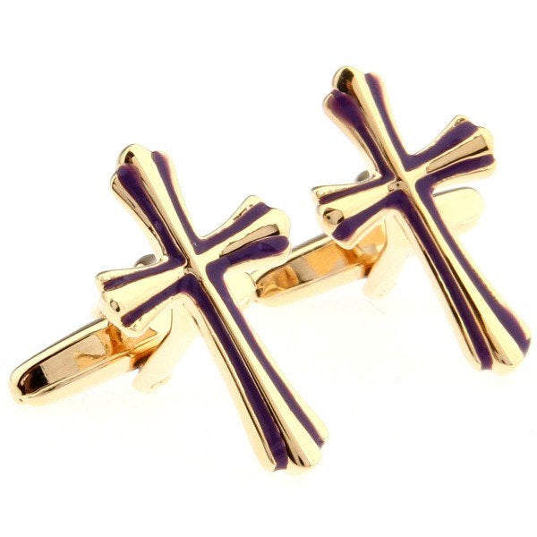 Gold Cross Cufflinks with Purple Enamel Accent Cross Cufflinks Cuff Links Religious Cufflinks Image 1