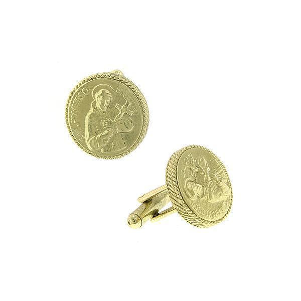 Gold St. Francis of Assisi Holding a Cross Round Cuff Links Religious Faith Cufflinks Image 1