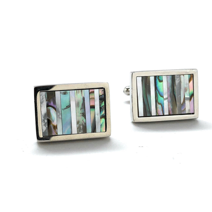 Abalone Shell Silver Trim Cufflinks Distinctive Look cross pattern cut Real Shell Cool Mother of Pearl Cuff Links Comes Image 1