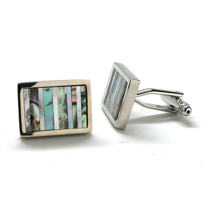 Abalone Shell Silver Trim Cufflinks Distinctive Look cross pattern cut Real Shell Cool Mother of Pearl Cuff Links Comes Image 2