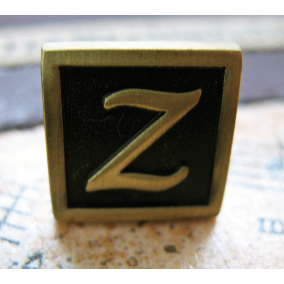 Z Initial Cufflinks Antique Brass Square 3-D Letter Z Vintage English Letterings Cuff Links Groom Father Bride Wedding Image 1
