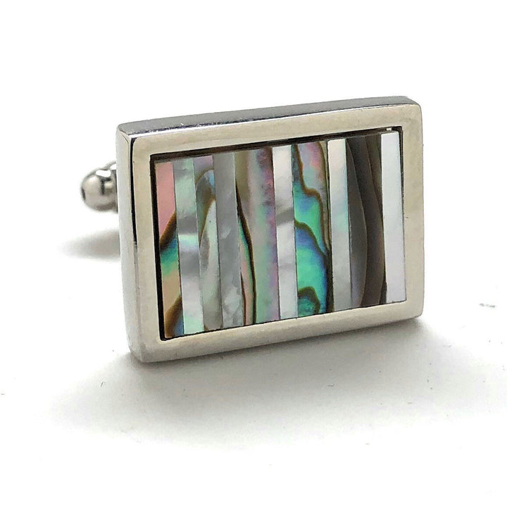 Abalone Shell Silver Trim Cufflinks Distinctive Look cross pattern cut Real Shell Cool Mother of Pearl Cuff Links Comes Image 4