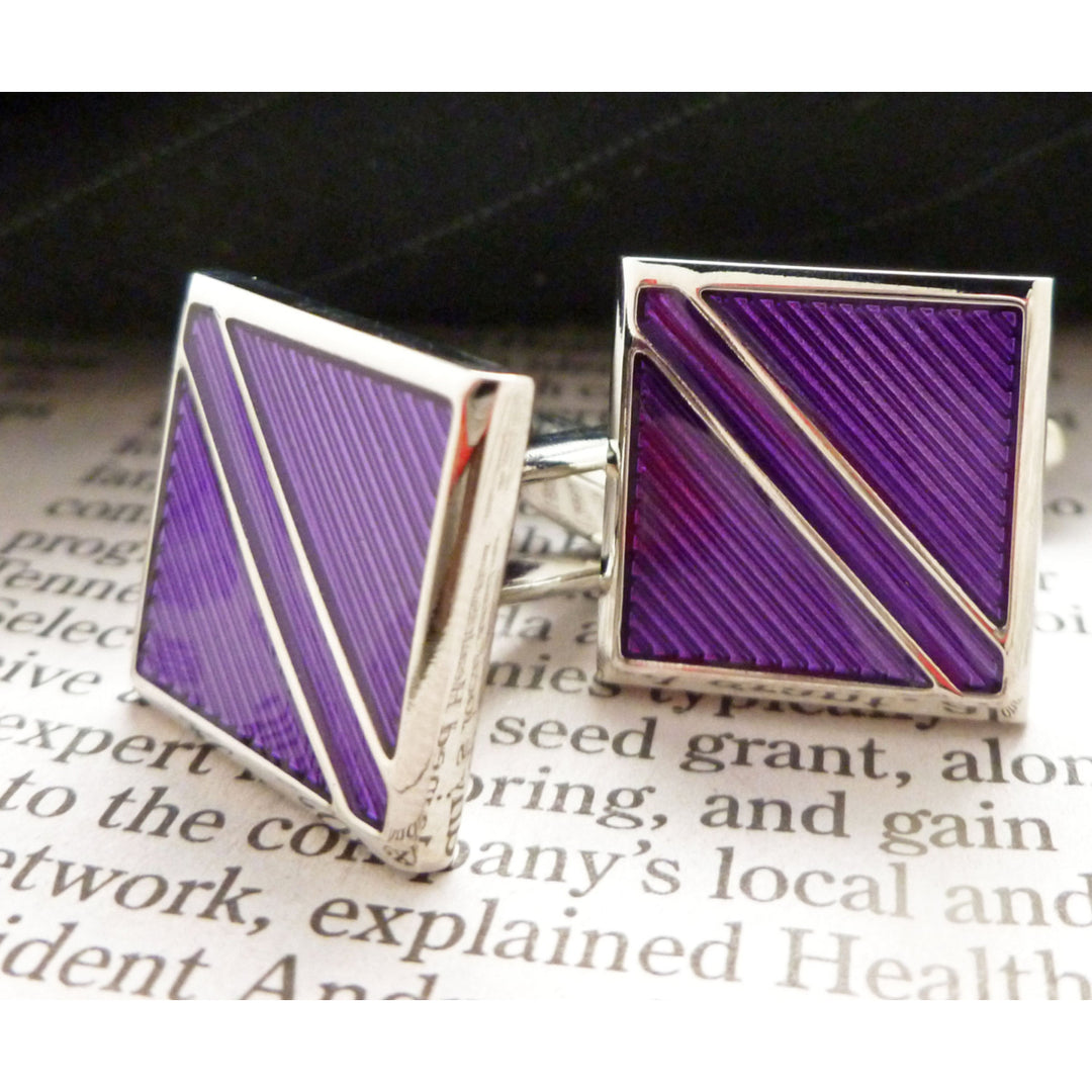 Repp Stripe Cufflinks Purple on Purple with Silver Tone Trim Cuff Links Comes with Gift Box Image 1