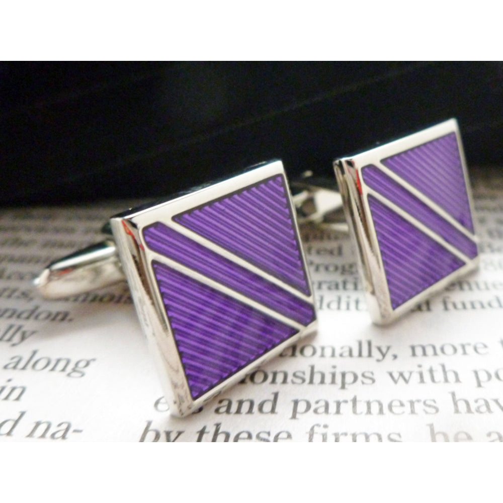 Repp Stripe Cufflinks Purple on Purple with Silver Tone Trim Cuff Links Comes with Gift Box Image 2