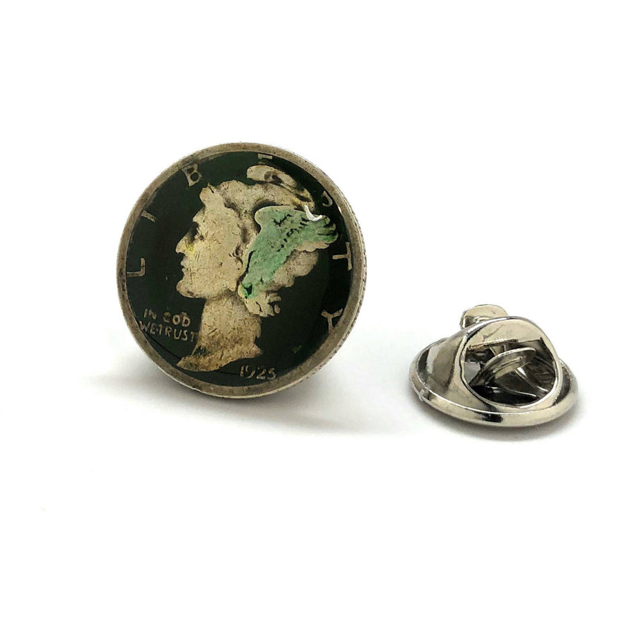 Enamel Pin Mercury Dime Collector Enamel Coin Lapel Pin Tie Tack Travel Coin War Years Silver Hand Painted Green Image 1