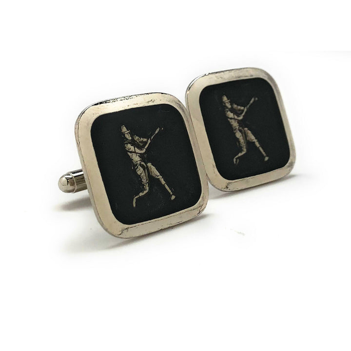 Antique Silver Tone Black Enamel Baseball Cufflinks Home Run Hitter Ballpark Cool Cuff Links Comes with Image 1