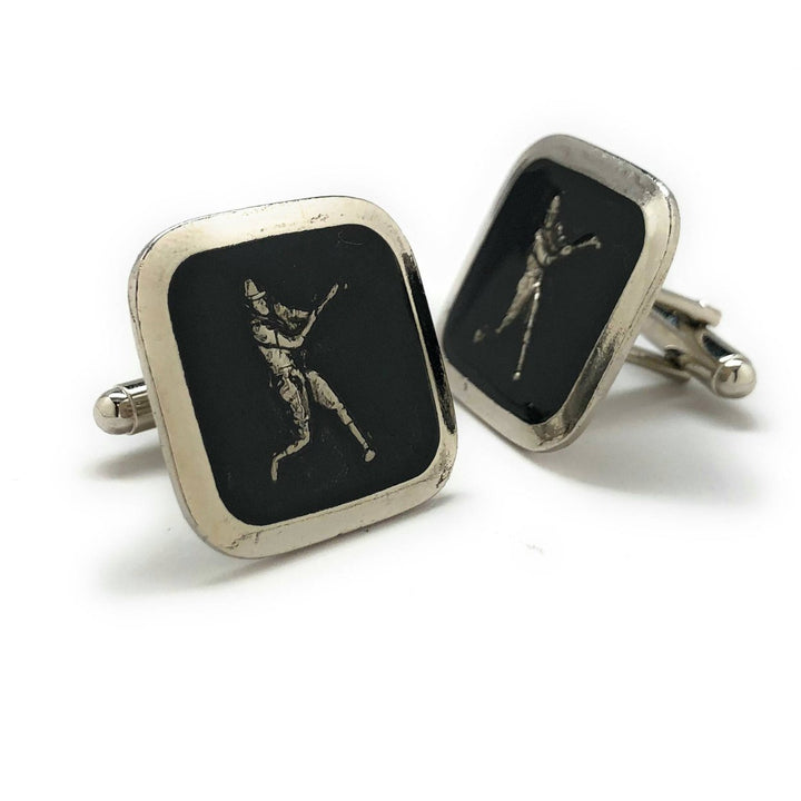 Antique Silver Tone Black Enamel Baseball Cufflinks Home Run Hitter Ballpark Cool Cuff Links Comes with Image 2
