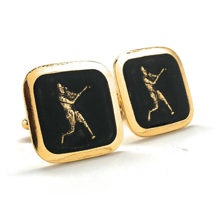 Antique Gold Tone Black Enamel Baseball Cufflinks Home Run Hitter Sport Champions Cool Cuff Links Comes with Gift Box Image 1