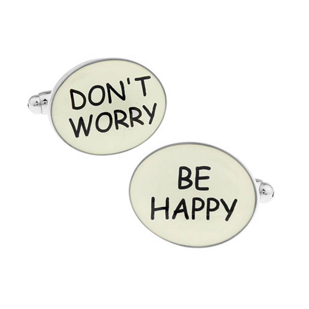 Dont Worry Be Happy Cufflinks White with Black Fun Party Cool Cuff Links Comes with Gift Box White Elephant Gifts Image 1
