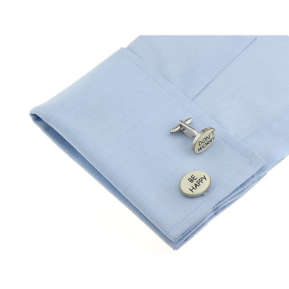 Dont Worry Be Happy Cufflinks White with Black Fun Party Cool Cuff Links Comes with Gift Box White Elephant Gifts Image 4