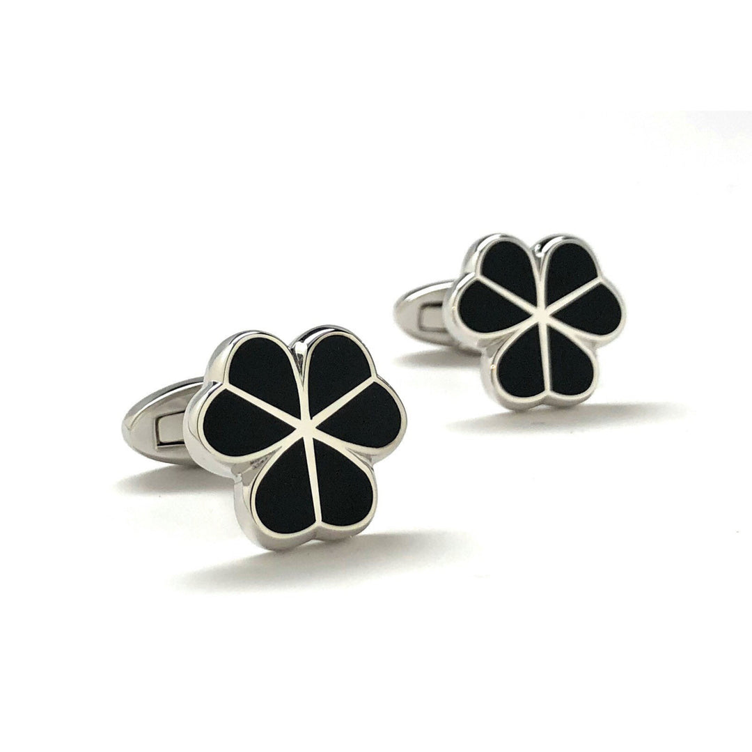 Silver Black Enamel Lucky Clover Wedding Flower Cufflinks Cuff Links Image 1