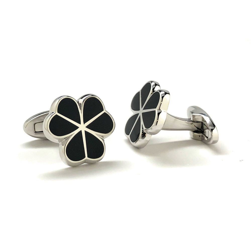 Silver Black Enamel Lucky Clover Wedding Flower Cufflinks Cuff Links Image 2