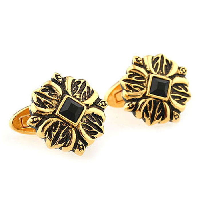 Rustic Gold Flowering Cross with Black Crystal Center Cufflinks Cuff Links Image 2