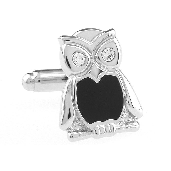 Wise Owl Cufflinks Silver Tone with Black Accent Crystal Eyes Cuff Links Harry Potter Hogwarts Gryffindor Slytherin Image 1