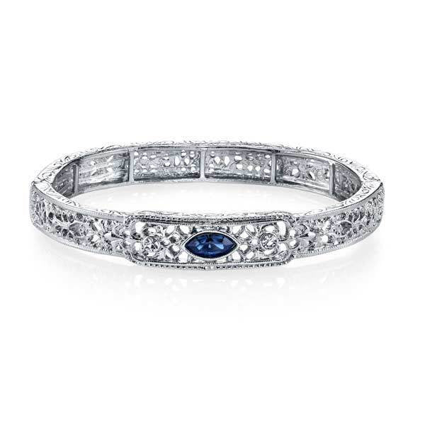 Filigree Design Elegantly Decorated with Blue Crystal Bracelet Downton Abbey Vintage Inspired Stretch Bracelet Image 1