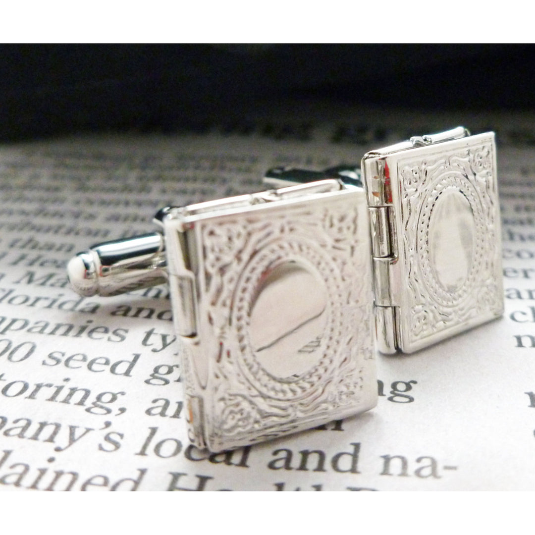 Book Locket Cufflinks Silver Toned Etched Book Opening Locket Cuff Links Image 1