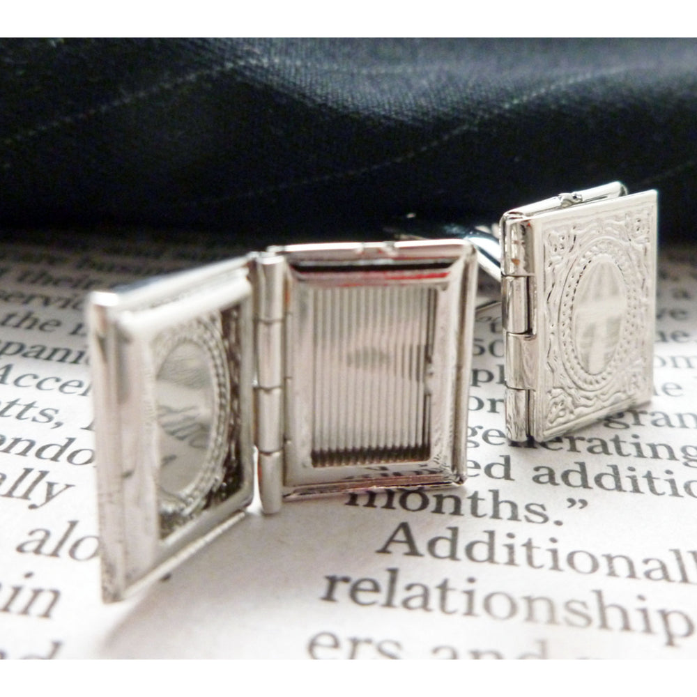 Book Locket Cufflinks Silver Toned Etched Book Opening Locket Cuff Links Image 2