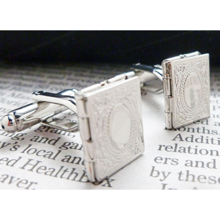Book Locket Cufflinks Silver Toned Etched Book Opening Locket Cuff Links Image 3