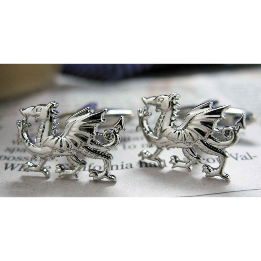 Silver Welsh Dragon Cufflinks Silver Tone Cut Out Cuff Links Image 1