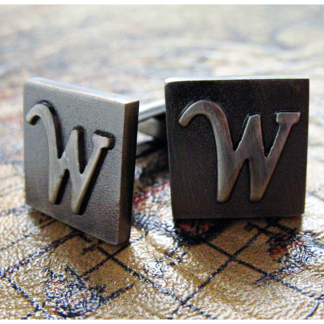W Initial Cufflinks Gunmetal Square 3-D Letter W Vintage English Letters Cuff Links Initials for Groom Father of the Image 3