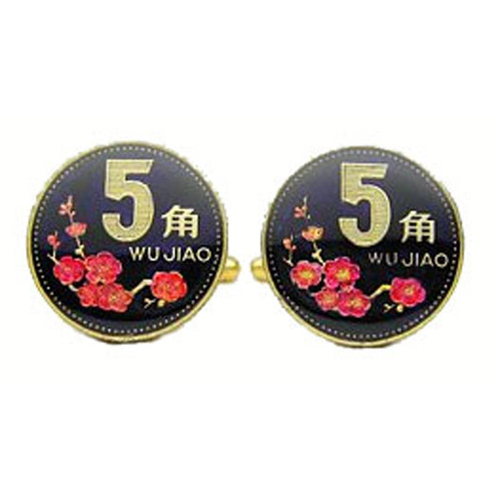 Enamel Cufflinks Hand Painted China Enamel Coin Jewelry Black Enamel Red Lucky Flowers Chinese Nature Coins Cuff Links Image 1