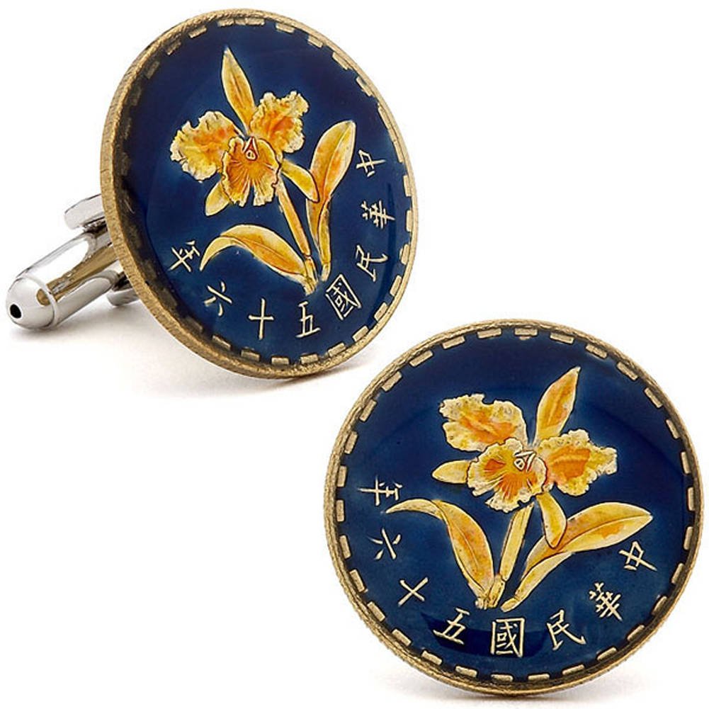 Enamel Cufflinks Hand Painted Taiwan Enamel Coin Jewelry Blue Flower Nature Asia Coins Cuff Links Keepsake Very Cool Image 1