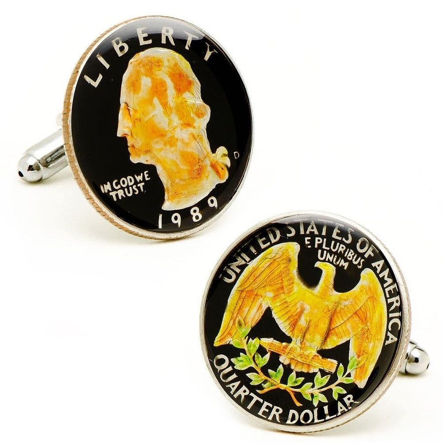 Enamel Cufflinks Hand Painted US Quarter Authentic US Currency Enamel Coin Jewelry Black Edition Cuff Links George Image 1