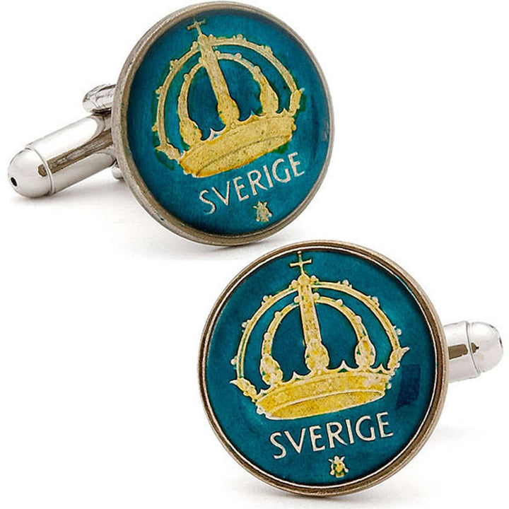 Enamel Cufflinks Hand Painted Swedish Enamel Coin Jewelry Blue Enamel Crown Coins Sweden Cuff Links Keepsake Very Cool Image 1