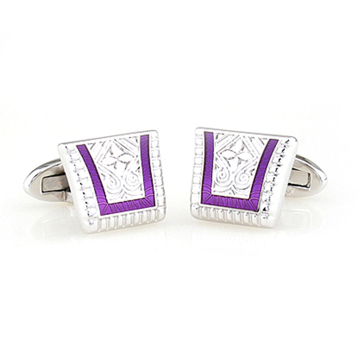 Silver Roman Empire Throne of Kings Cufflinks Silver Etched Details Purple Enamel Accent Formal Vintage Dress Cuff Links Image 2