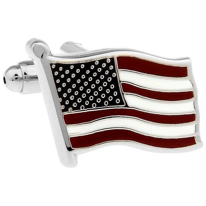 Waving American US Flag Cufflinks Silver Tone Red Blue Enamel America United States Cuff Links Comes with Gift Box Image 1