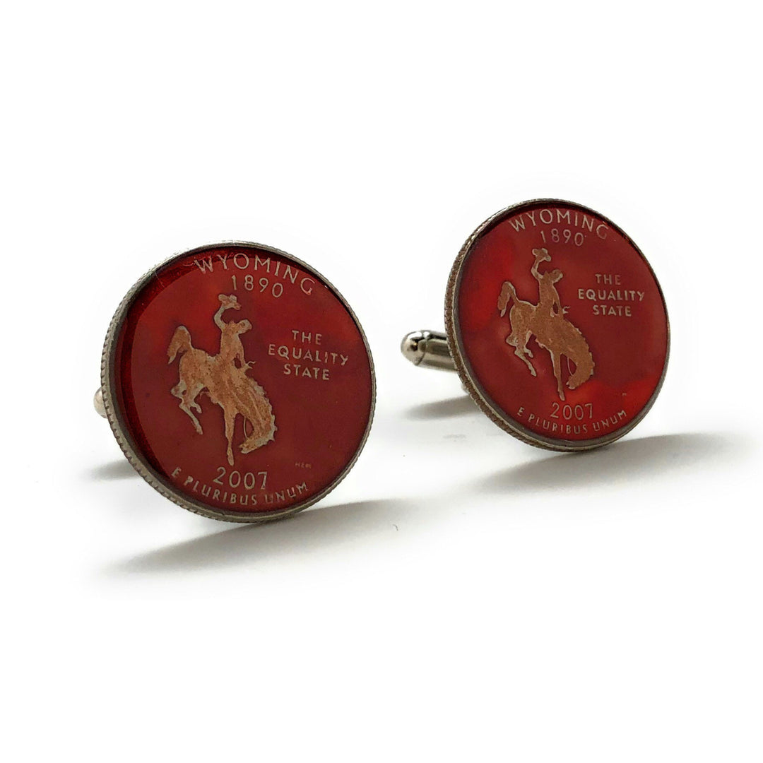 Enamel Cufflinks Hand Painted Wyoming Red Enamel Coin Jewelry Cuff Links Suit Flag State Coin Jewelry USA United States Image 1