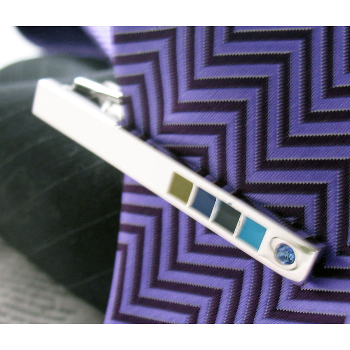 Blue Squared Tie Bar Silver Toned Blue Crystals Men Tie Clip Stocking Stuffer Image 1