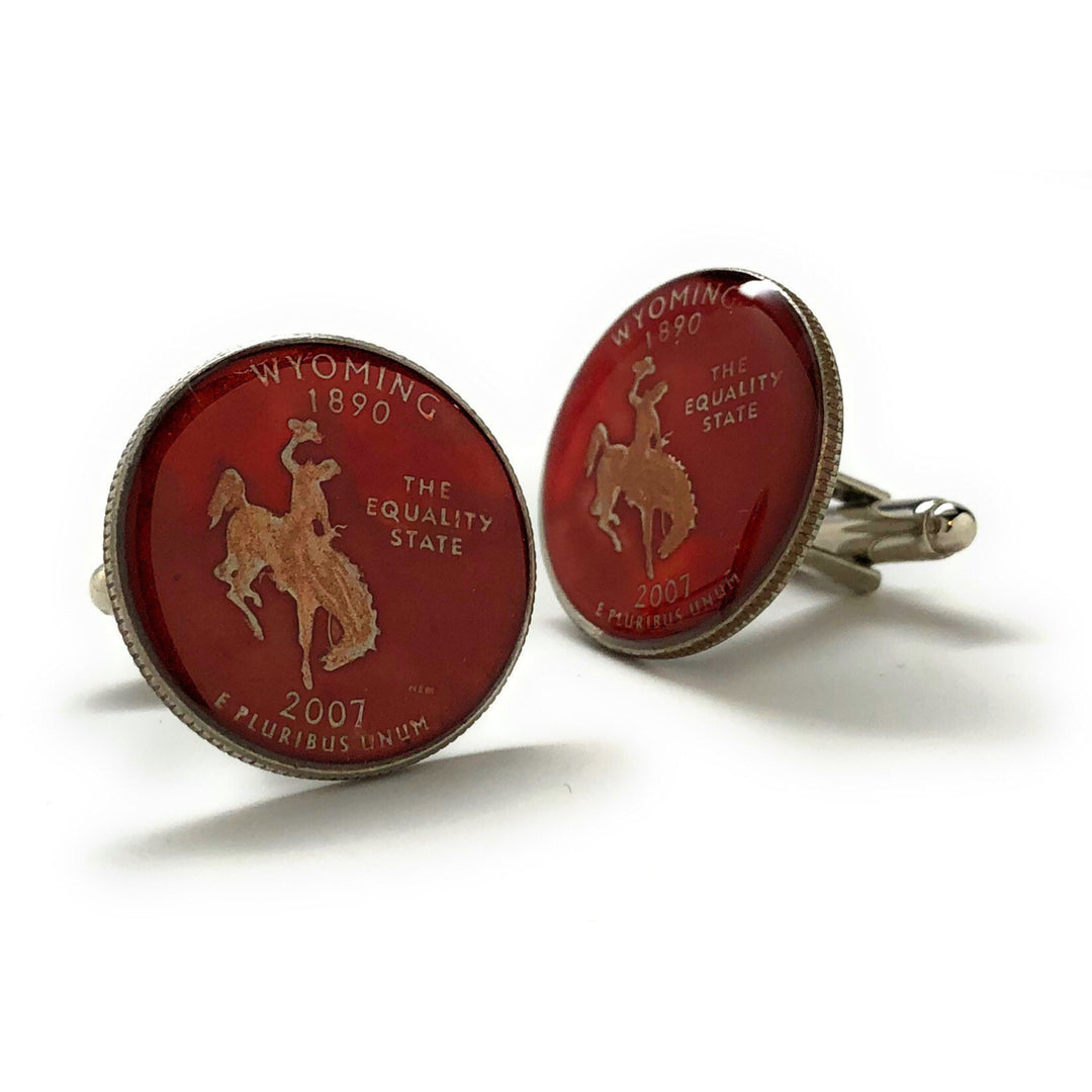 Enamel Cufflinks Hand Painted Wyoming Red Enamel Coin Jewelry Cuff Links Suit Flag State Coin Jewelry USA United States Image 2