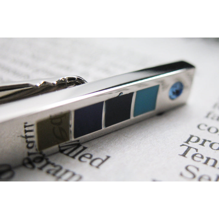 Blue Squared Tie Bar Silver Toned Blue Crystals Men Tie Clip Stocking Stuffer Image 4