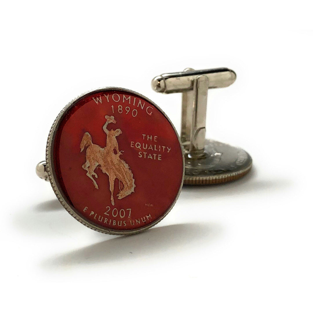 Enamel Cufflinks Hand Painted Wyoming Red Enamel Coin Jewelry Cuff Links Suit Flag State Coin Jewelry USA United States Image 4