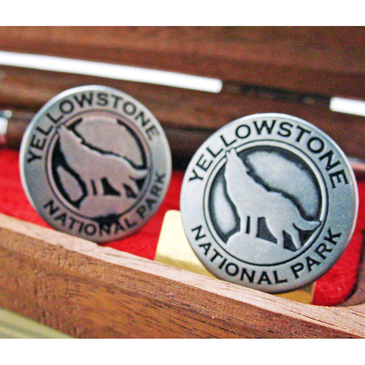 Enamel Cufflinks Yellowstone Wolf Token Old Transit Tokens Silver Tone Rustic Classic Yellow Stone National Park Cuff Image 2
