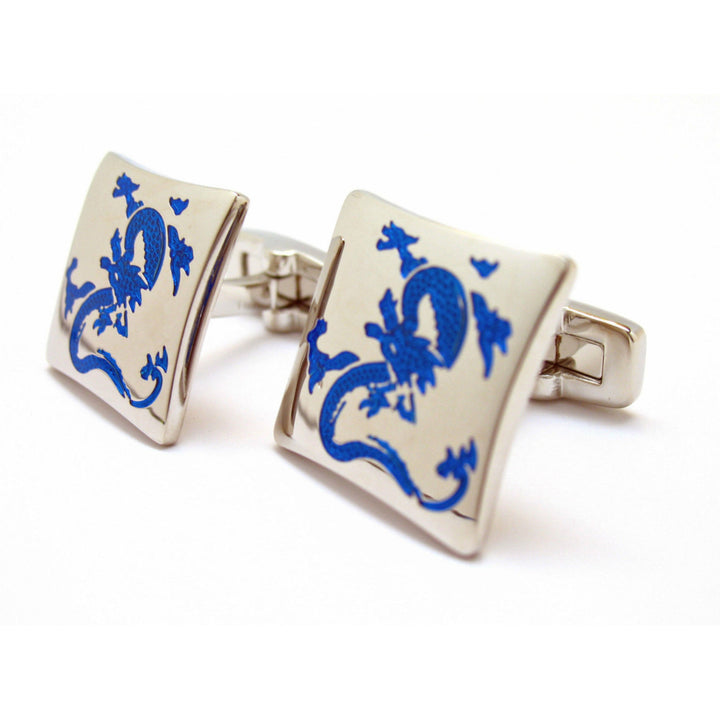 Enter the Dragon Cufflinks Silver Tone with Cobalt Blue Enamel Fantasy Dragons Cuff Links Gifts for Him Whale Tail Post Image 1
