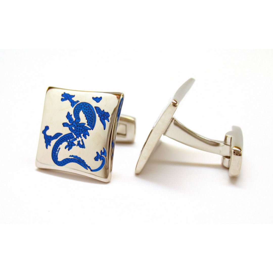 Enter the Dragon Cufflinks Silver Tone with Cobalt Blue Enamel Fantasy Dragons Cuff Links Gifts for Him Whale Tail Post Image 2