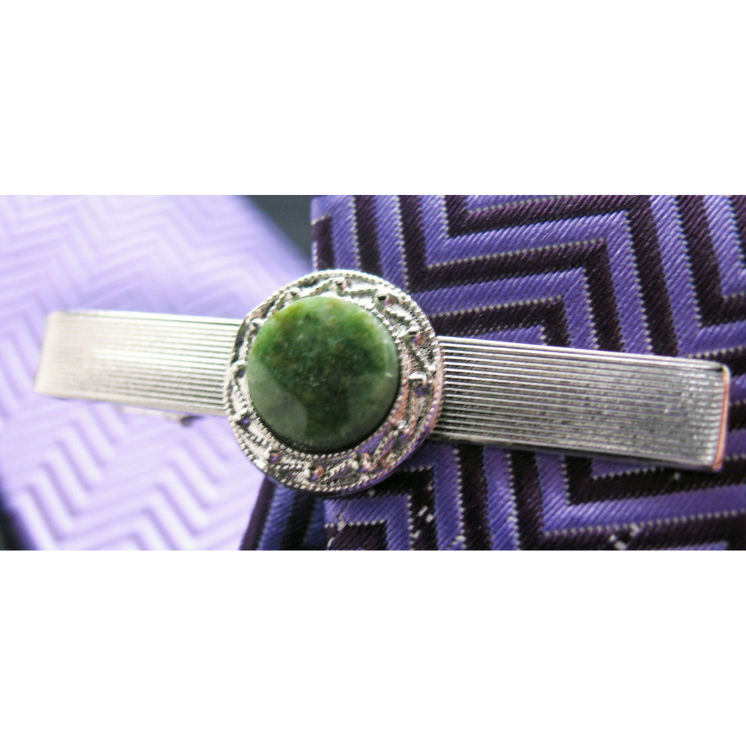 Jade Marble Tie Clip Silver Tone Round Stone Tie Bar Image 1