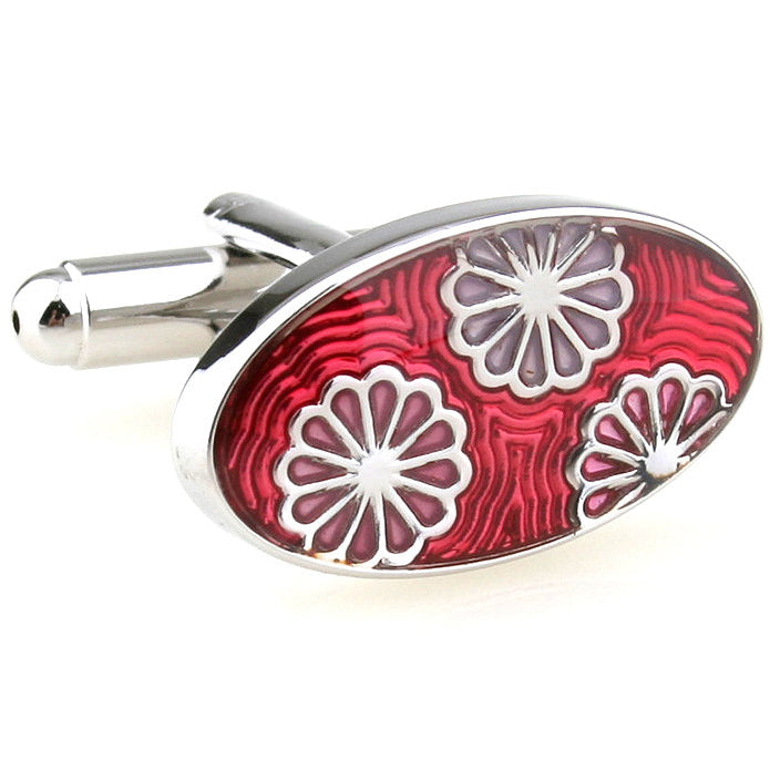 Red and Pink Cut Petal Mountain Daisy Oval Wedding Cufflinks Cuff Links Image 1