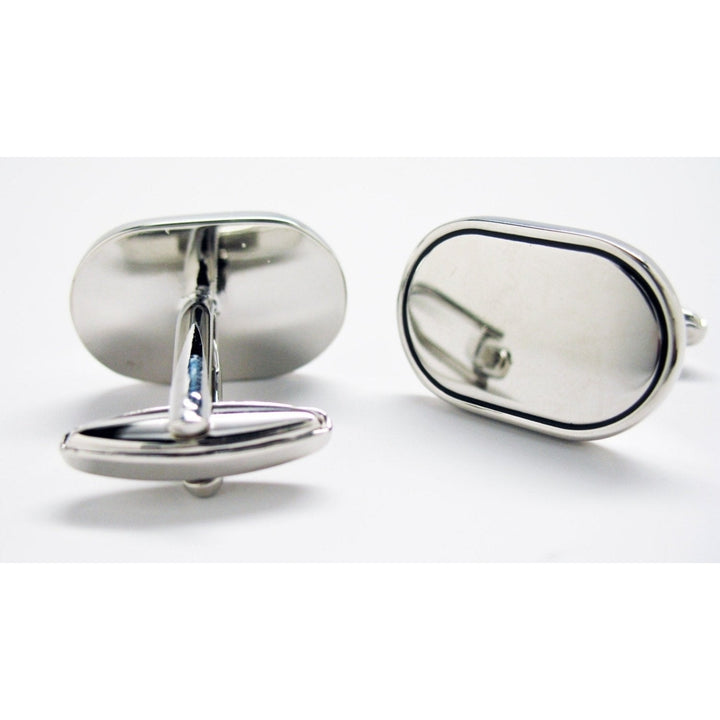 Mirror Finish Cufflinks Silver Tone Oval Shape Classic Gentlemen Cuff Links Image 1
