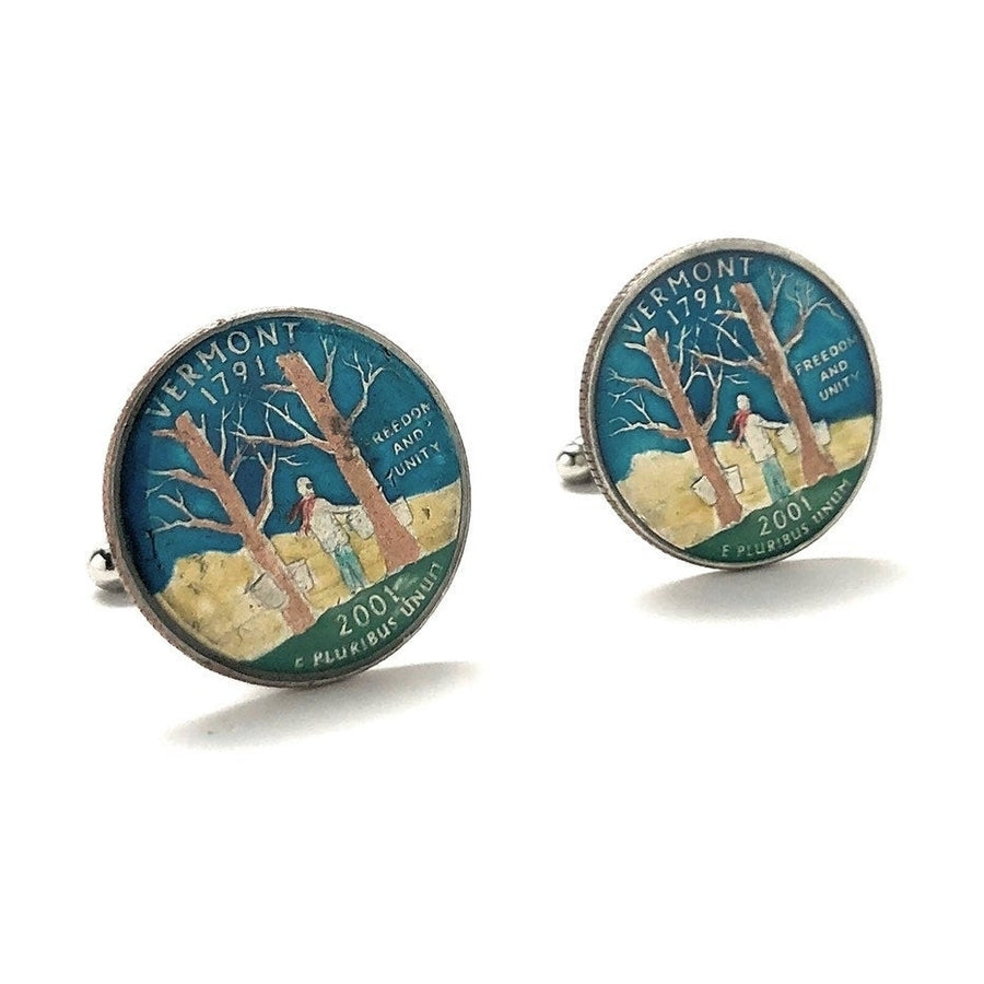 Enamel Cufflinks Hand Painted Vermont State Quarter Enamel Coin Jewelry Money Currency Finance Trees Cuff Links Designer Image 1