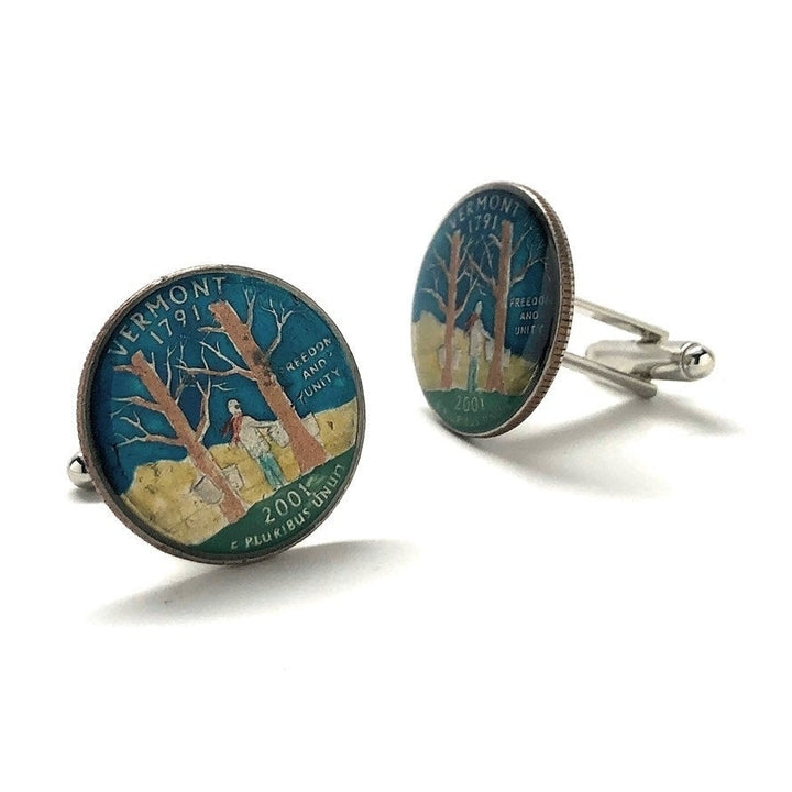 Enamel Cufflinks Hand Painted Vermont State Quarter Enamel Coin Jewelry Money Currency Finance Trees Cuff Links Designer Image 2