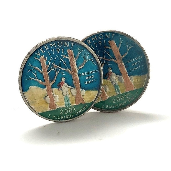 Enamel Cufflinks Hand Painted Vermont State Quarter Enamel Coin Jewelry Money Currency Finance Trees Cuff Links Designer Image 3