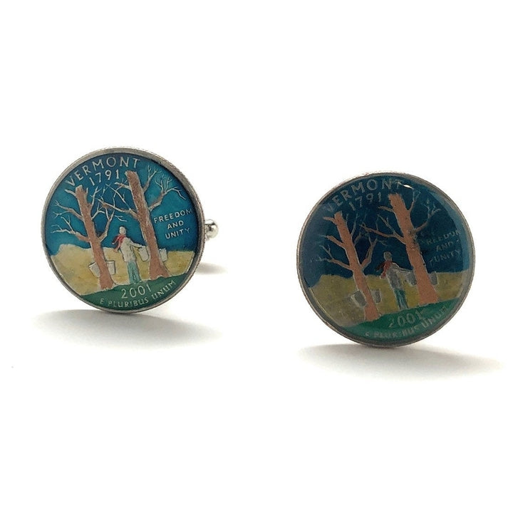 Enamel Cufflinks Hand Painted Vermont State Quarter Enamel Coin Jewelry Money Currency Finance Trees Cuff Links Designer Image 4