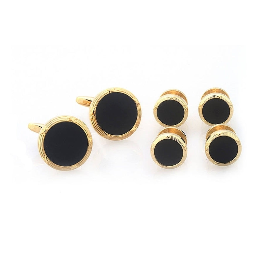 Gold Tone Black Onxy Cufflinks with Matching Shirt Studs Gold Rim with Cuff Links Shirt Studs Comes with Gift Box Image 1
